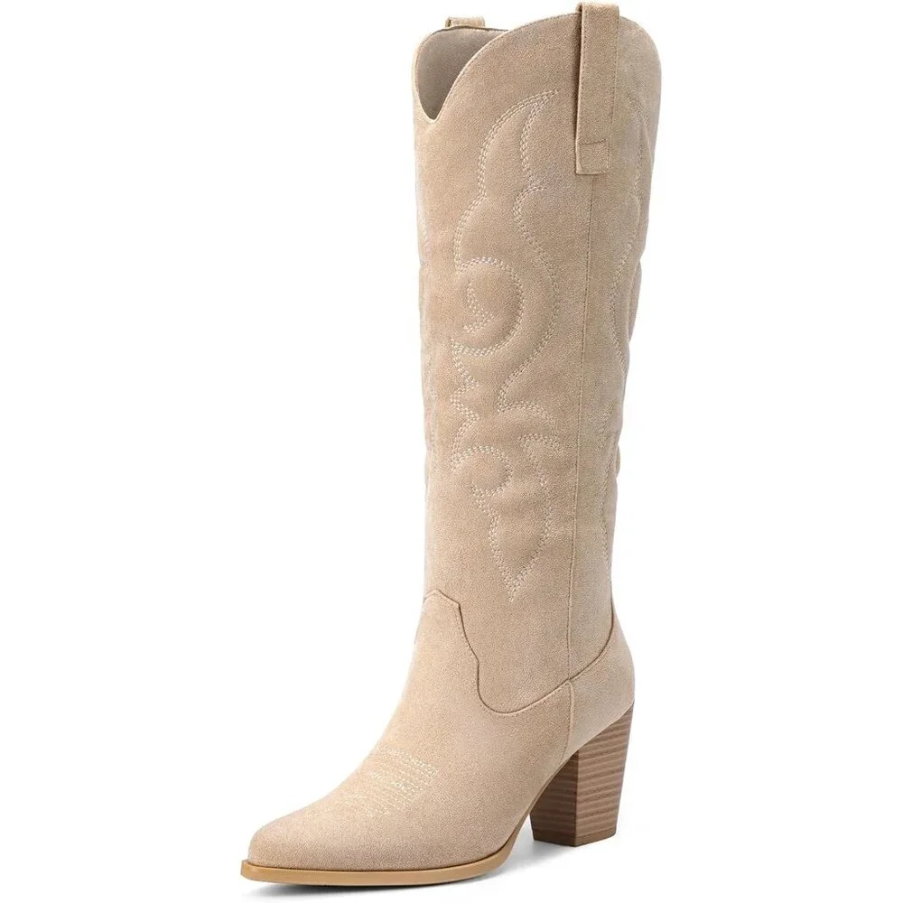 Women Beige Suede Western Knee High Cowgirl Boots with Side Zipper Retro Pointed